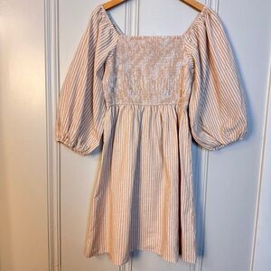 BIBI | Woman's Taupe Tan White Striped Smocked Puff Sleeve Dress, Size XL